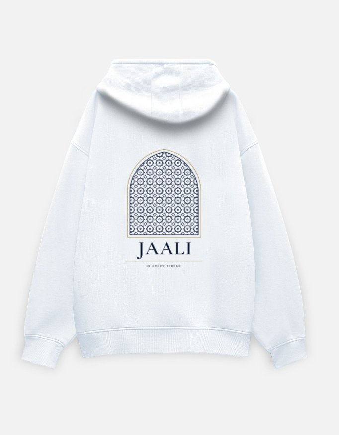 jaali-lattice-hoodie-white-back JAALI — Lattice Hoodie in white, back view with the arched jaali lattice and JAALI wordmark