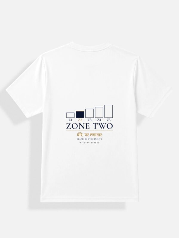 ZONE TWO — Dry-Fit Tee in white, back view with the five-zone gauge, ZONE TWO and the Hindi line dheere par lagataar
