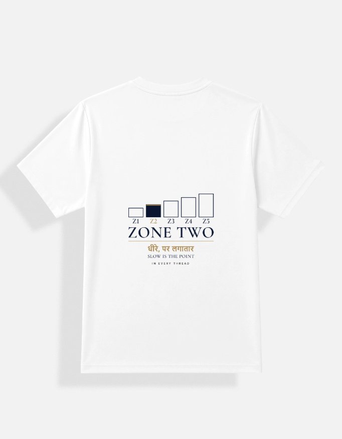 ZONE TWO — Dry-Fit Tee in white, back view with the five-zone gauge, ZONE TWO and the Hindi line dheere par lagataar