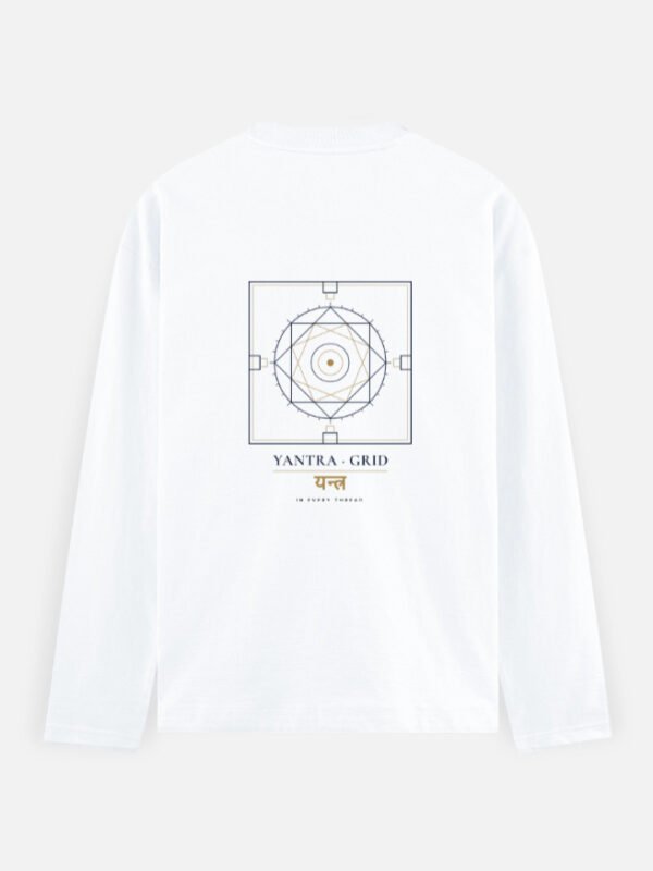 yantra-grid-long-sleeve-tee-white-back YANTRA-GRID — Long-Sleeve Tee in white, back view with the nested-square grid on the back