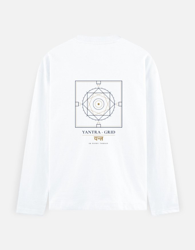 yantra-grid-long-sleeve-tee-white-back YANTRA-GRID — Long-Sleeve Tee in white, back view with the nested-square grid on the back