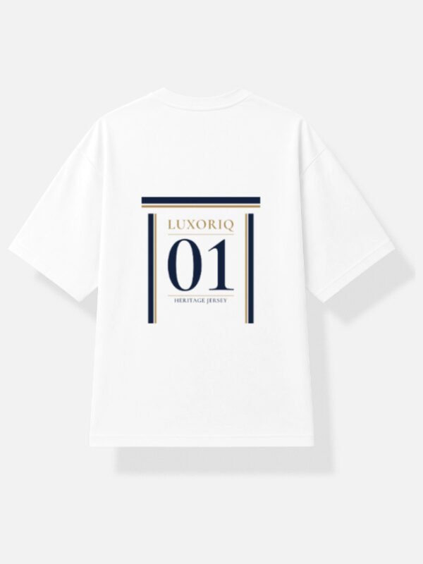 maidan-heritage-jersey-white MAIDAN — Heritage Jersey in white, back view with LUXORIQ and the numeral 01 between navy and gold stripes