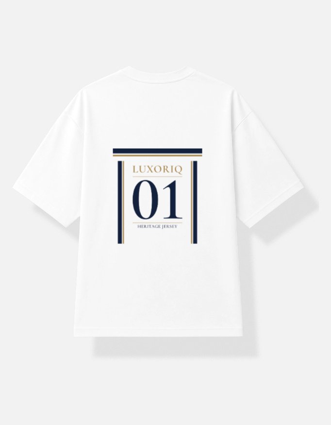 maidan-heritage-jersey-white MAIDAN — Heritage Jersey in white, back view with LUXORIQ and the numeral 01 between navy and gold stripes