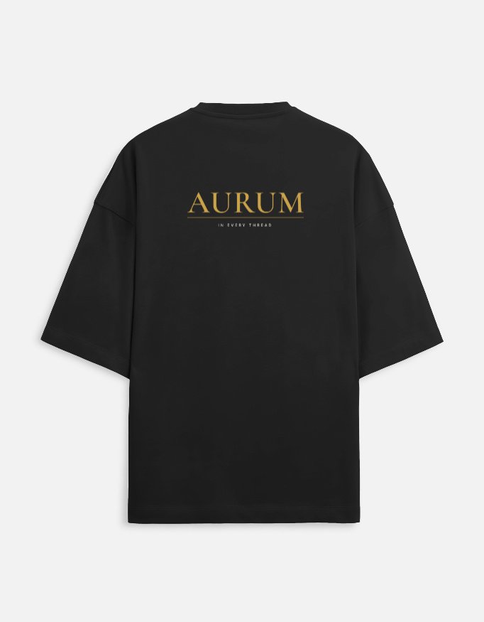 aurum-terry-oversized-tee-black-back AURUM — Terry Oversized Tee in black, back view with the Au element tile and AURUM wordmark