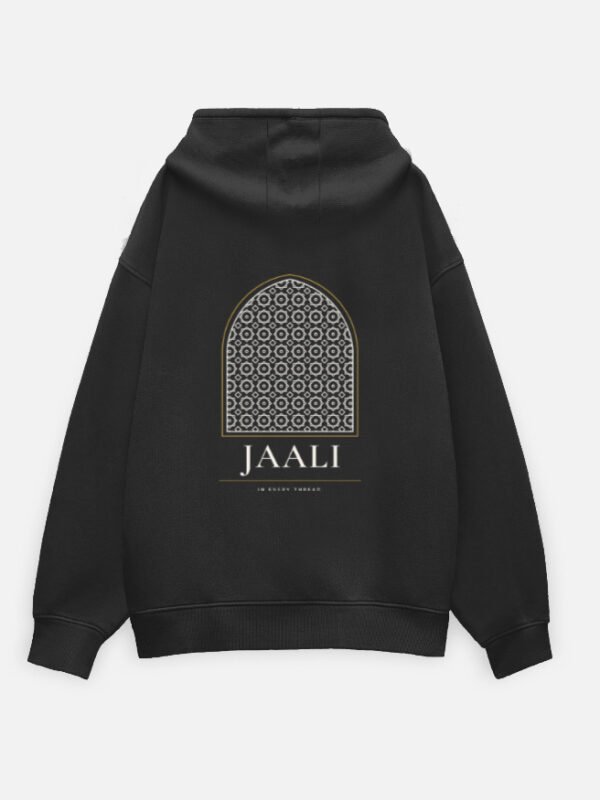 JAALI — Lattice Hoodie in black, back view with the arched jaali lattice and JAALI wordmark