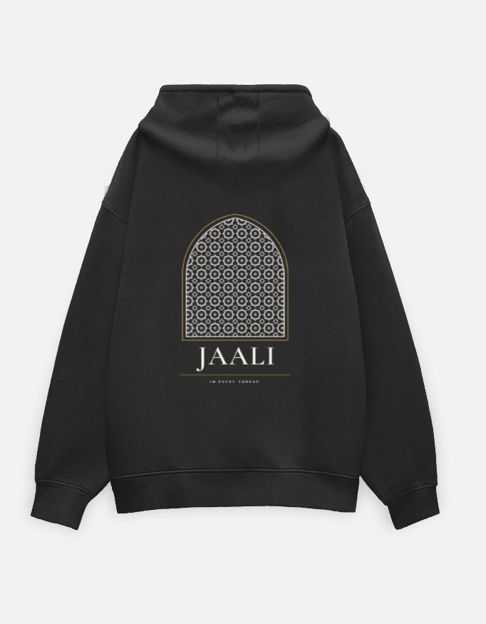 jaali-lattice-hoodie-black-back JAALI — Lattice Hoodie in black, back view with the arched jaali lattice and JAALI wordmark