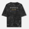 PATINA — Acid Wash Oversized Tee in black, back view with PATINA and the Hindi words purana sona across the upper back