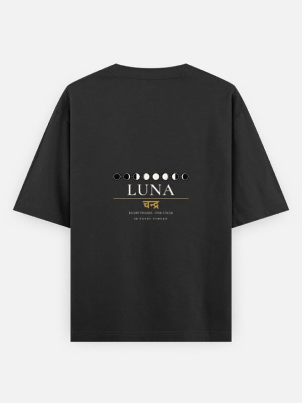 LUNA — Moon Phase Tee in black, back view with the eight moon phases on the upper back