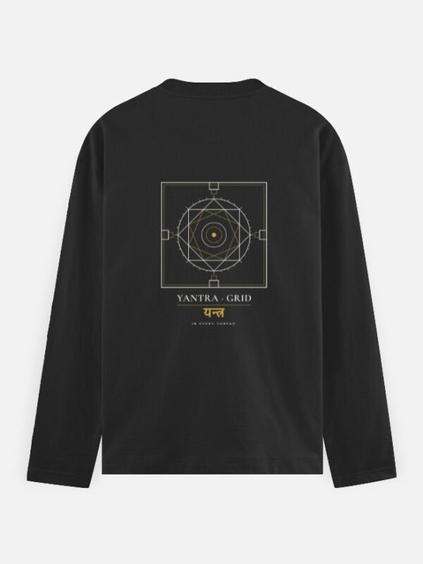 YANTRA-GRID — Long-Sleeve Tee in black, back view with the nested-square grid on the back