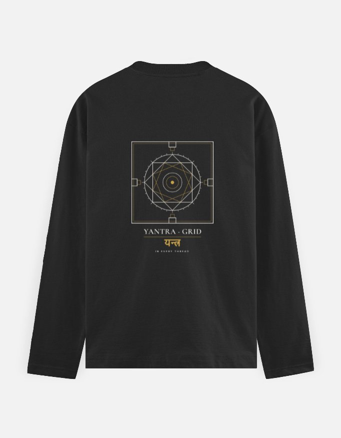 yantra-grid-long-sleeve-tee-black-back YANTRA-GRID — Long-Sleeve Tee in black, back view with the nested-square grid on the back