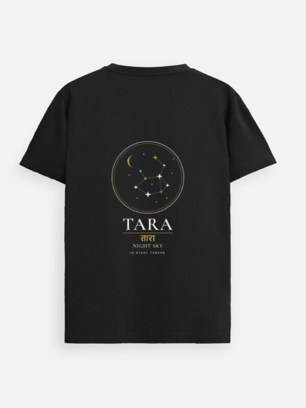 tara-night-sky-supima-tee-black TARA — Night Sky Supima Tee in black, back view with night-sky chart and तारा