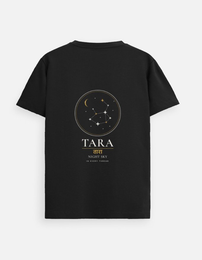 tara-night-sky-supima-tee-black TARA — Night Sky Supima Tee in black, back view with night-sky chart and तारा