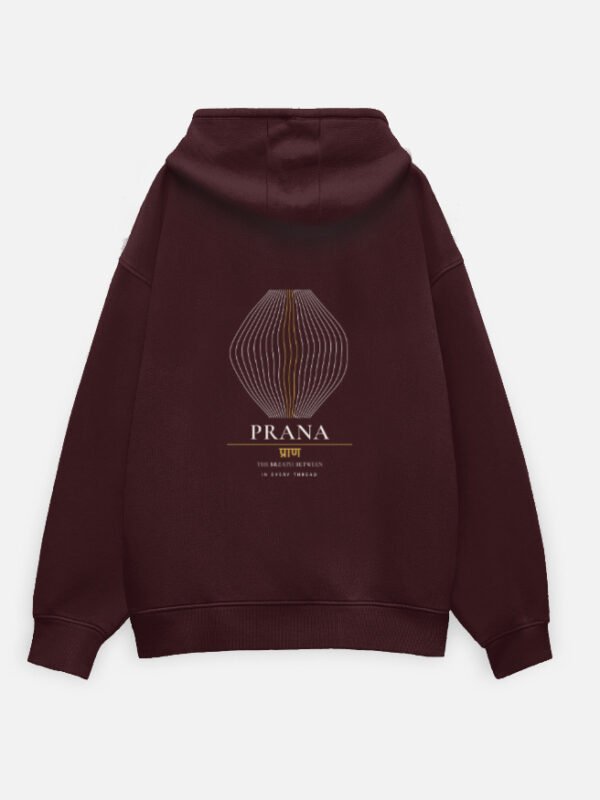 PRANA — Breath Hoodie in maroon, back view with the breath-flow line drawing on the back