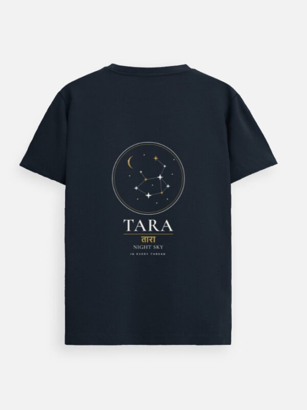 TARA — Night Sky Supima Tee in navy blue, back view with night-sky chart and तारा