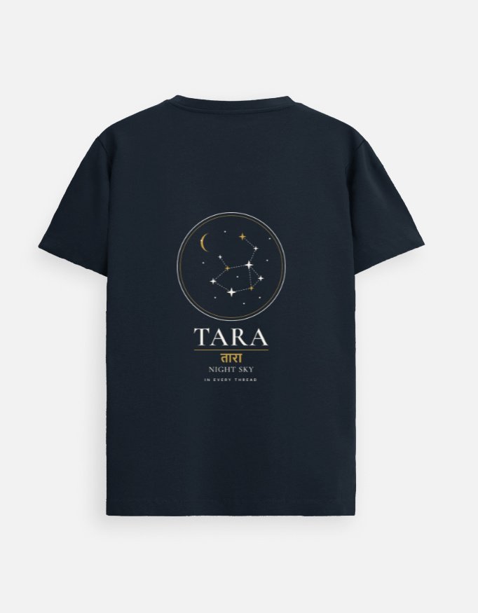 tara-night-sky-supima-tee-navy-blue TARA — Night Sky Supima Tee in navy blue, back view with night-sky chart and तारा
