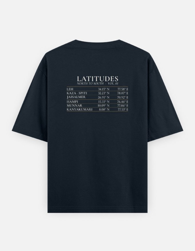 latitudes-navy-back LATITUDES Oversized Tee in navy, back view with the six-place coordinates table