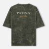 PATINA — Acid Wash Oversized Tee in olive green, back view with PATINA and the Hindi words purana sona across the upper back
