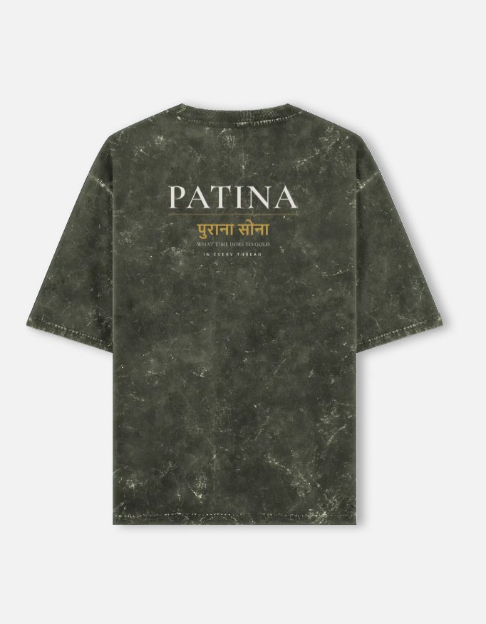 PATINA — Acid Wash Oversized Tee in olive green, back view with PATINA and the Hindi words purana sona across the upper back