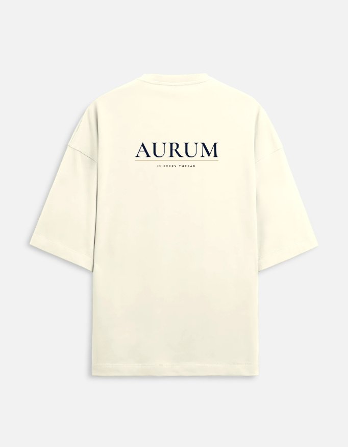 aurum-terry-oversized-tee-off-white-back AURUM — Terry Oversized Tee in off white, back view with the Au element tile and AURUM wordmark