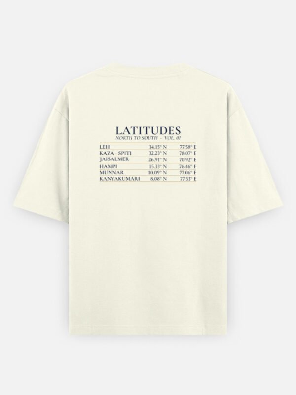 LATITUDES Oversized Tee in off white, back view with the six-place coordinates table