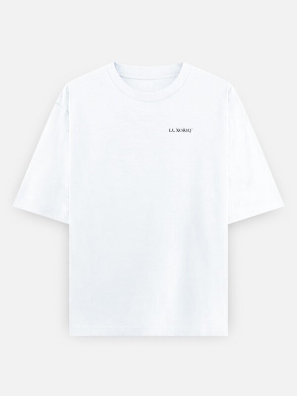 iraada-white-front IRAADA Devanagari Oversized Tee in white, front view with the LUXORIQ wordmark at the left chest