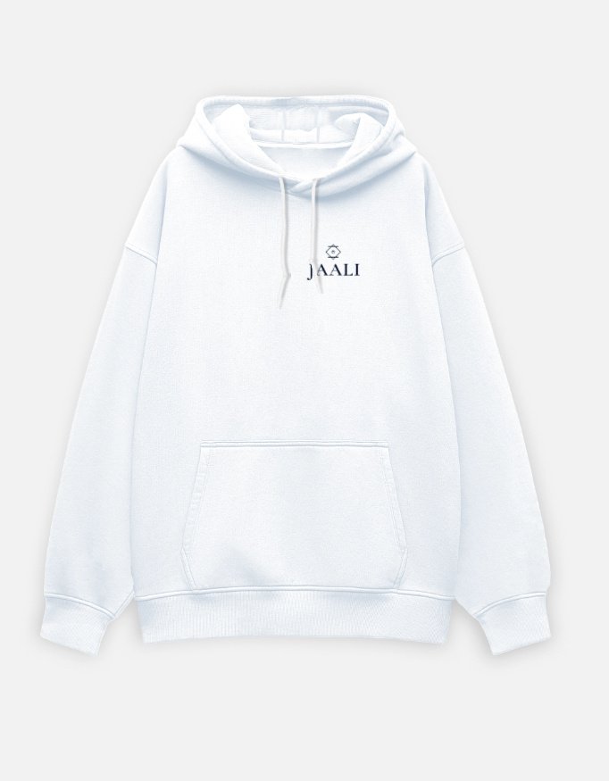 jaali-lattice-hoodie-white-front JAALI — Lattice Hoodie in white, front view with the small star and JAALI wordmark at the left chest