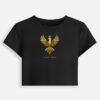 LUXORIQ Phoenix Baby Tee in black, front view with the gold phoenix at the chest