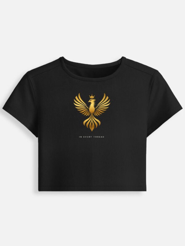 phoenix-baby-tee-black-front LUXORIQ Phoenix Baby Tee in black, front view with the gold phoenix at the chest