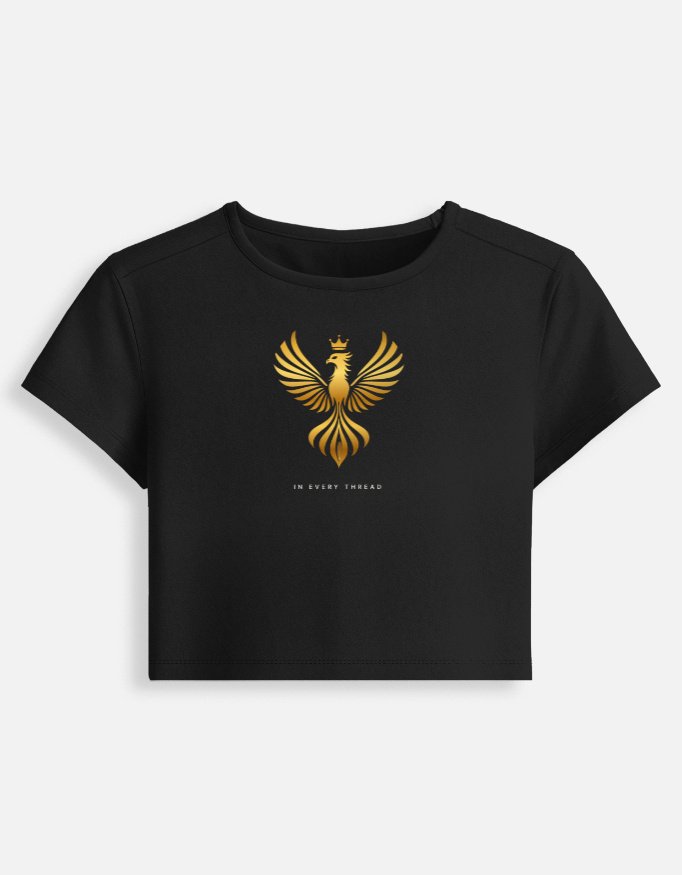 LUXORIQ Phoenix Baby Tee in black, front view with the gold phoenix at the chest