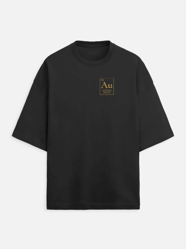 aurum-terry-oversized-tee-black-front AURUM — Terry Oversized Tee in black, front view with the Au element tile and AURUM wordmark