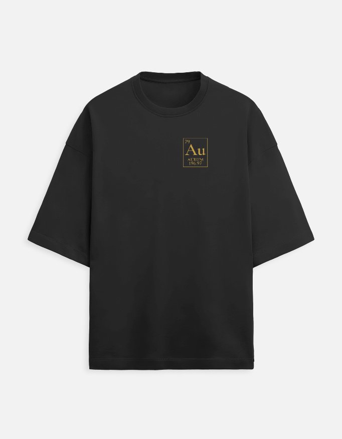 aurum-terry-oversized-tee-black-front AURUM — Terry Oversized Tee in black, front view with the Au element tile and AURUM wordmark