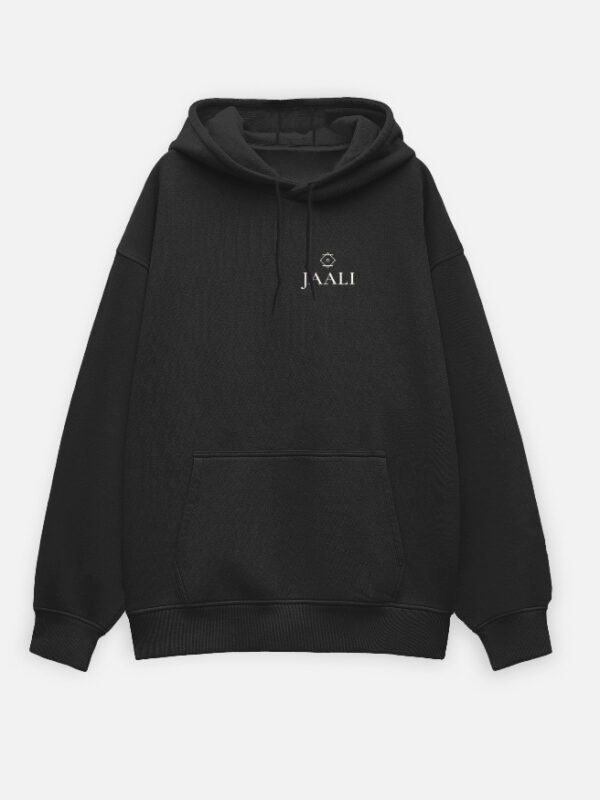 JAALI — Lattice Hoodie in black, front view with the small star and JAALI wordmark at the left chest