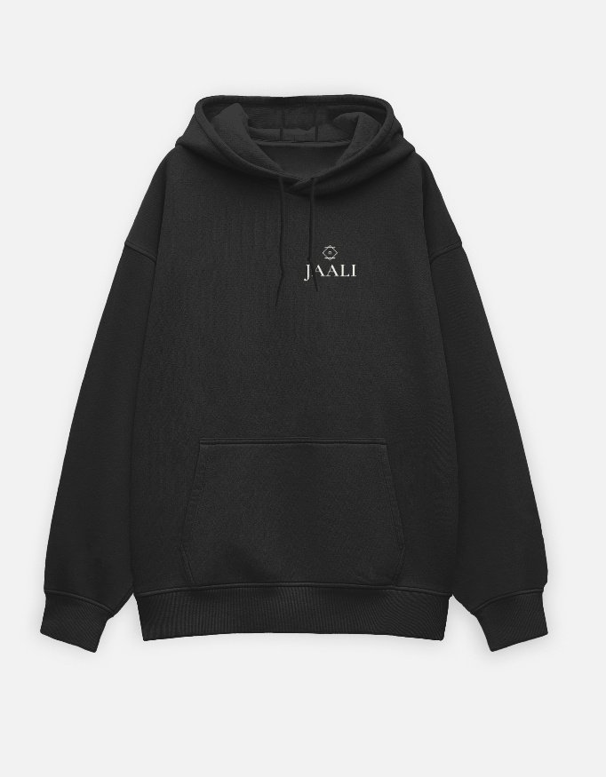 jaali-lattice-hoodie-black-front JAALI — Lattice Hoodie in black, front view with the small star and JAALI wordmark at the left chest