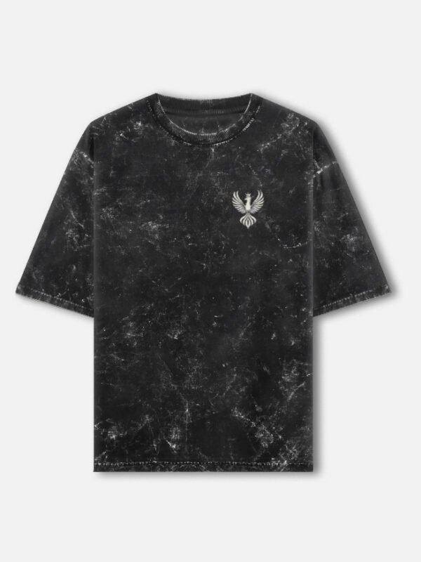 patina-acid-wash-oversized-tee-black-front PATINA — Acid Wash Oversized Tee in black, front view with the LUXORIQ phoenix crest at the left chest