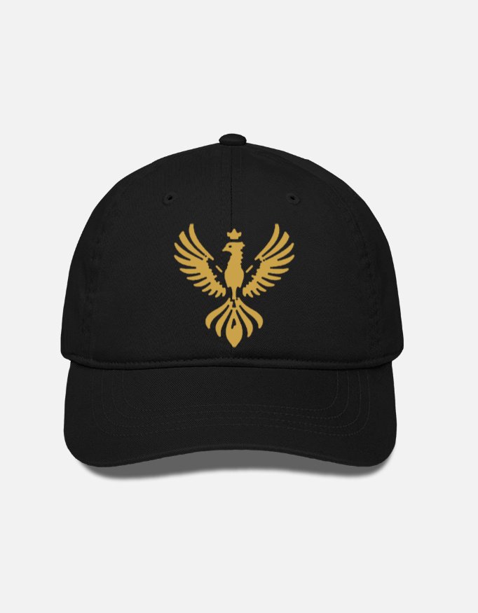 UDAAN — Crest Cap in black with the gold embroidered phoenix, front view