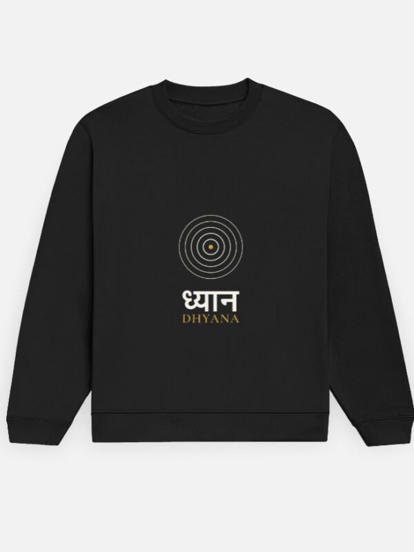 dhyana-sweatshirt-black-front DHYANA — Sweatshirt in black, front view with the concentric rings and ध्यान at the front