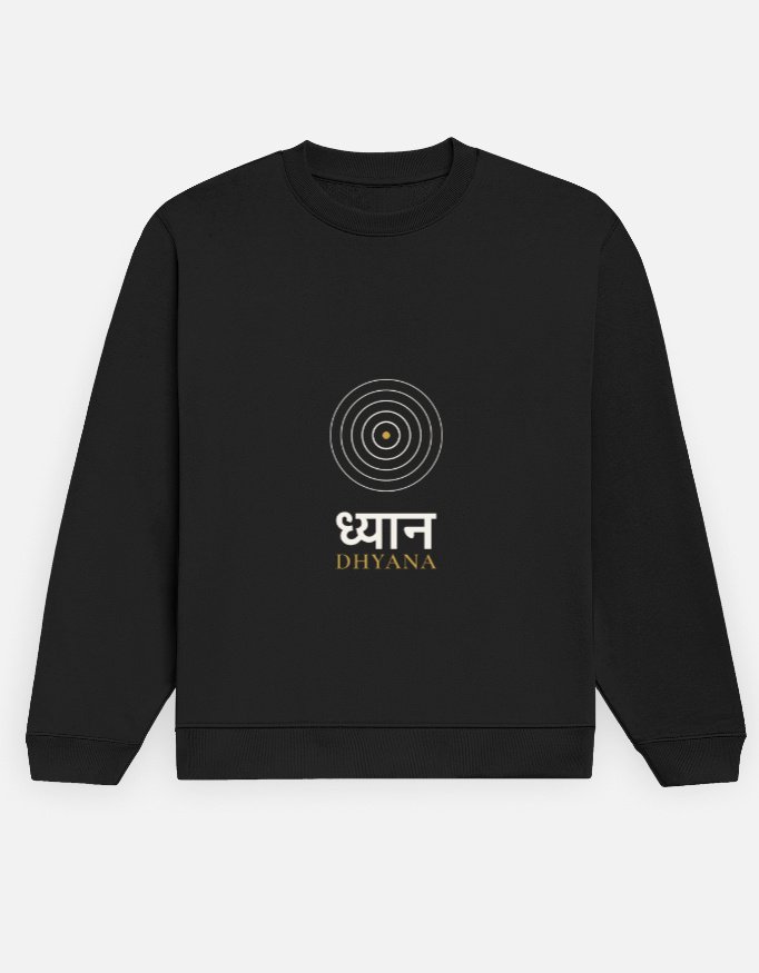 dhyana-sweatshirt-black-front DHYANA — Sweatshirt in black, front view with the concentric rings and ध्यान at the front