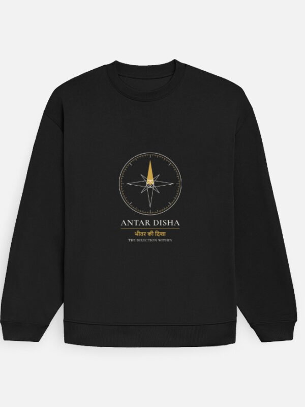 antar-disha-sweatshirt-black-front ANTAR DISHA — Sweatshirt in black, front view with the inner compass at the front