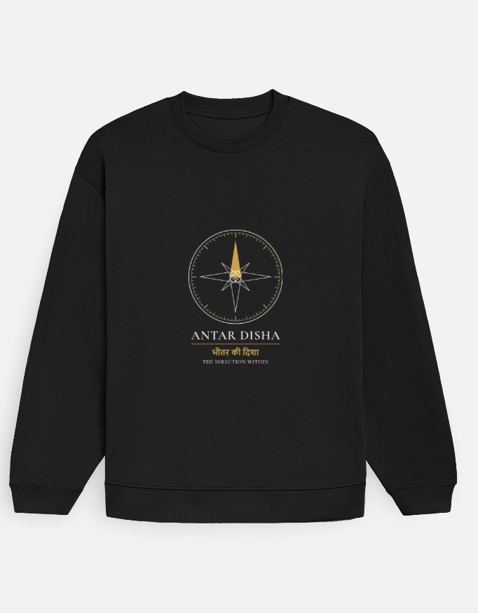 antar-disha-sweatshirt-black-front ANTAR DISHA — Sweatshirt in black, front view with the inner compass at the front