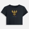 LUXORIQ Phoenix Baby Tee in navy, front view with the gold phoenix at the chest