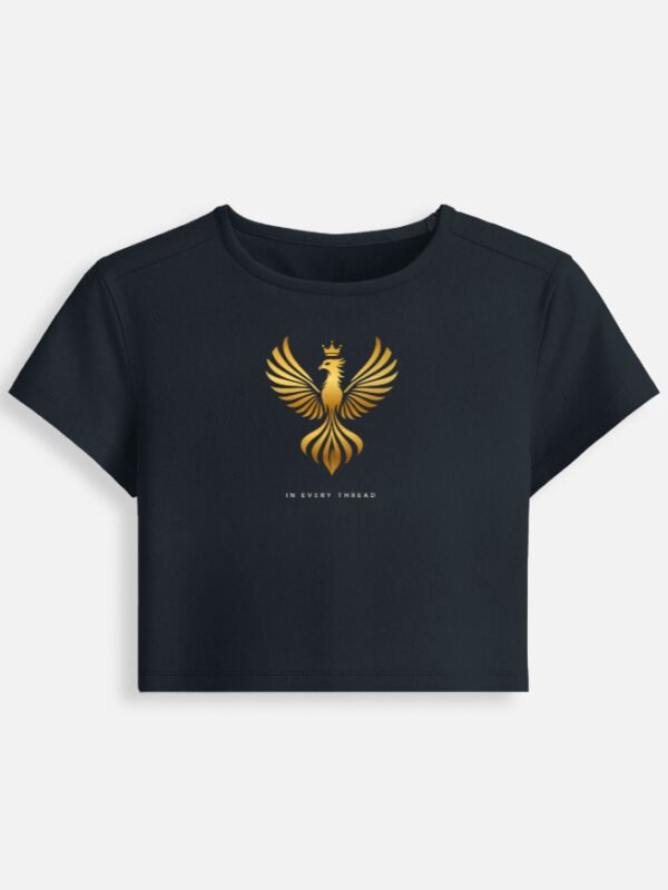 LUXORIQ Phoenix Baby Tee in navy, front view with the gold phoenix at the chest