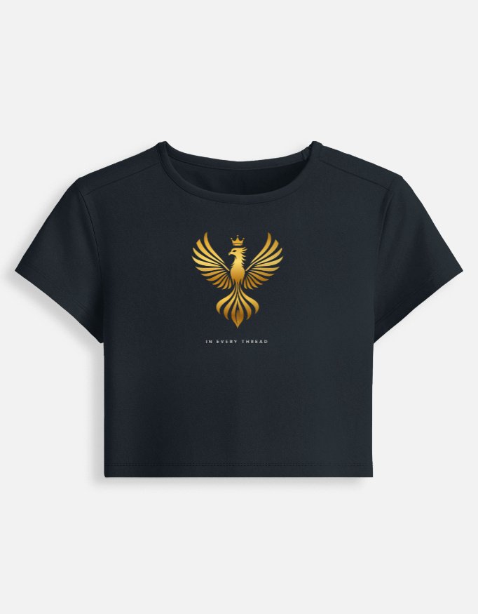LUXORIQ Phoenix Baby Tee in navy, front view with the gold phoenix at the chest