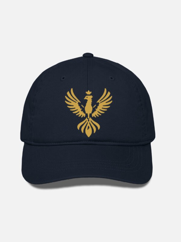 UDAAN — Crest Cap in navy blue with the gold embroidered phoenix, front view