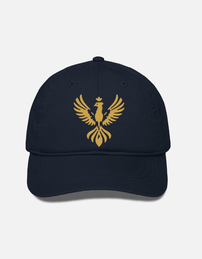 UDAAN — Crest Cap in navy blue with the gold embroidered phoenix, front view