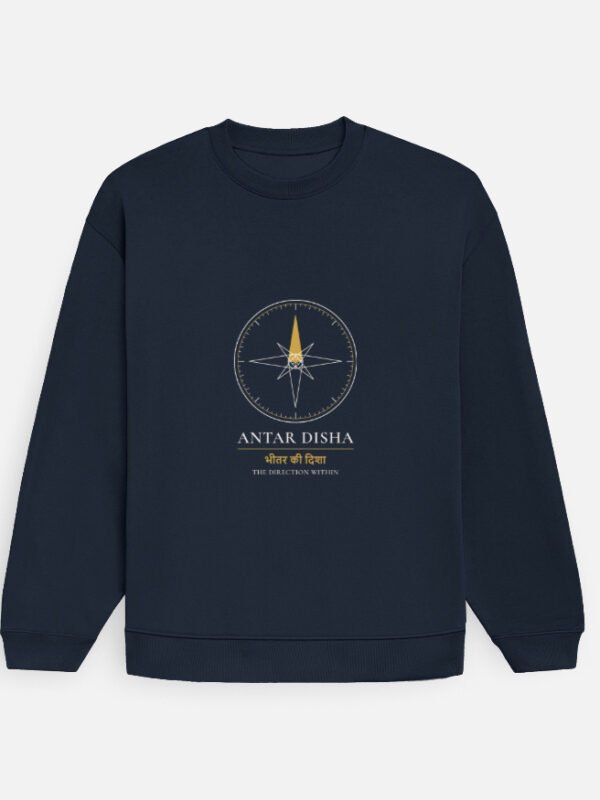 ANTAR DISHA — Sweatshirt in navy blue, front view with the inner compass at the front