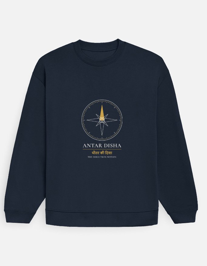antar-disha-sweatshirt-navy-blue-front ANTAR DISHA — Sweatshirt in navy blue, front view with the inner compass at the front