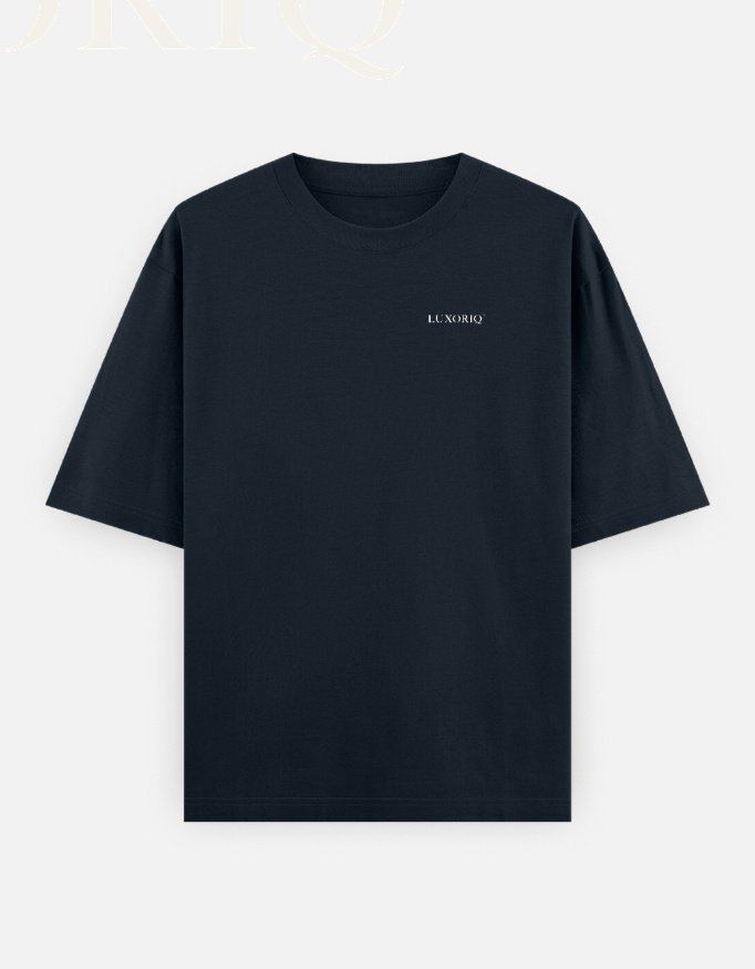 latitudes-navy-front LATITUDES Oversized Tee in navy, front view with the LUXORIQ wordmark at the left chest