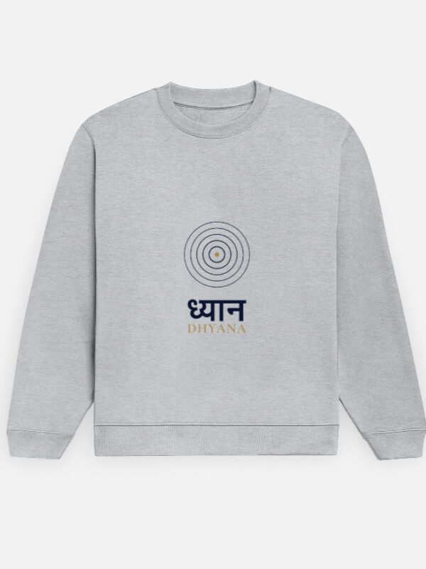 DHYANA — Sweatshirt in grey melange, front view with the concentric rings and ध्यान at the front