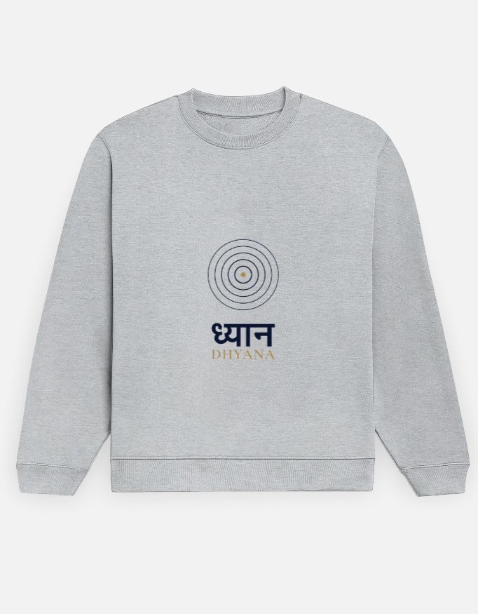 dhyana-sweatshirt-grey-melange-front DHYANA — Sweatshirt in grey melange, front view with the concentric rings and ध्यान at the front