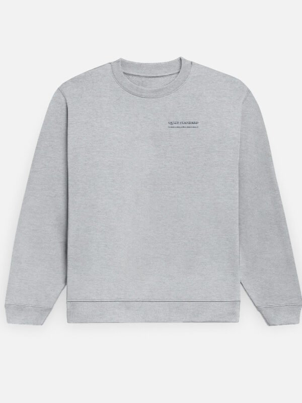 QUIET STANDARD — Sweatshirt in grey melange, front view with QUIET STANDARD at the left chest